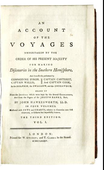 COOK, JAMES.  Hawkesworth, John. An Account of the Voyages . . . for making Discoveries in the Southern Hemisphere. 4 vols. 1785
